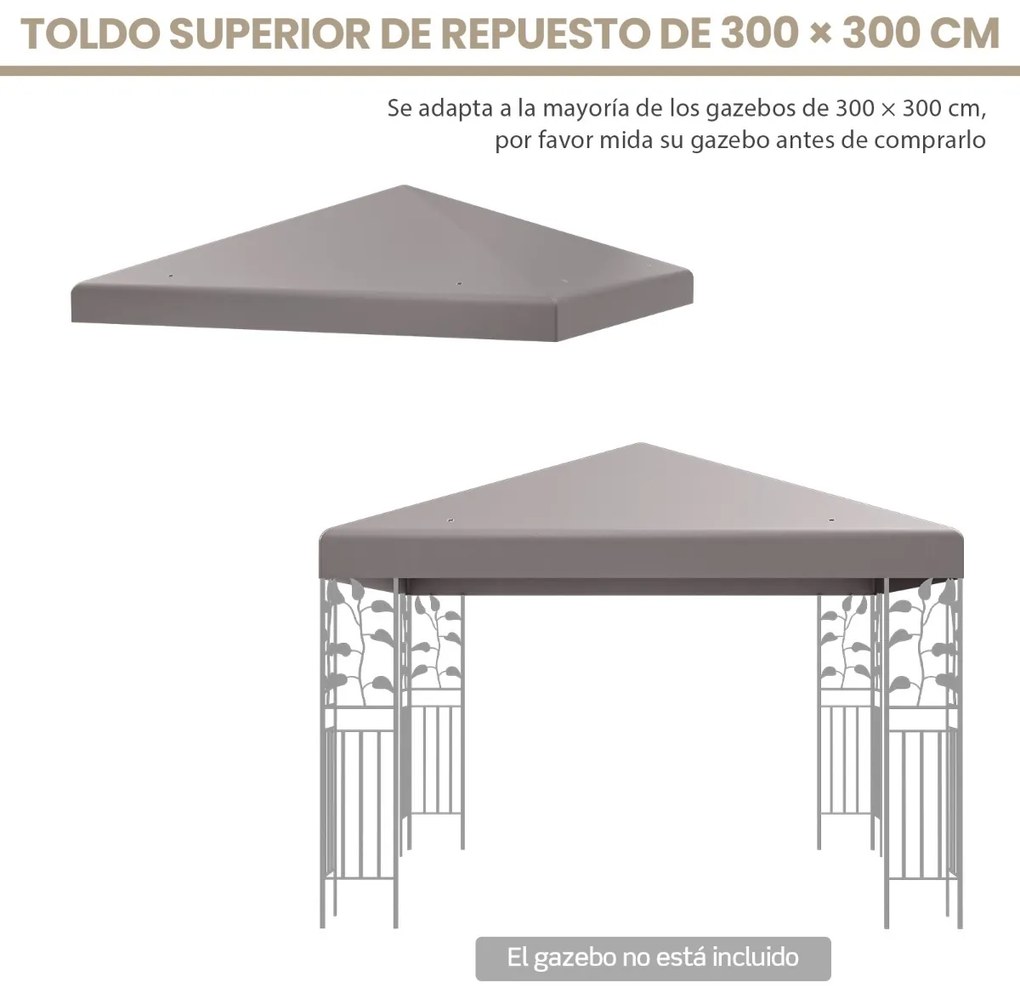 Toldo de Reposição para Tenda (NÃO INCLUIDA) de 300 x 300 cm com Fecho de Gancho e Velcro Orifícios de Drenagem Cinza