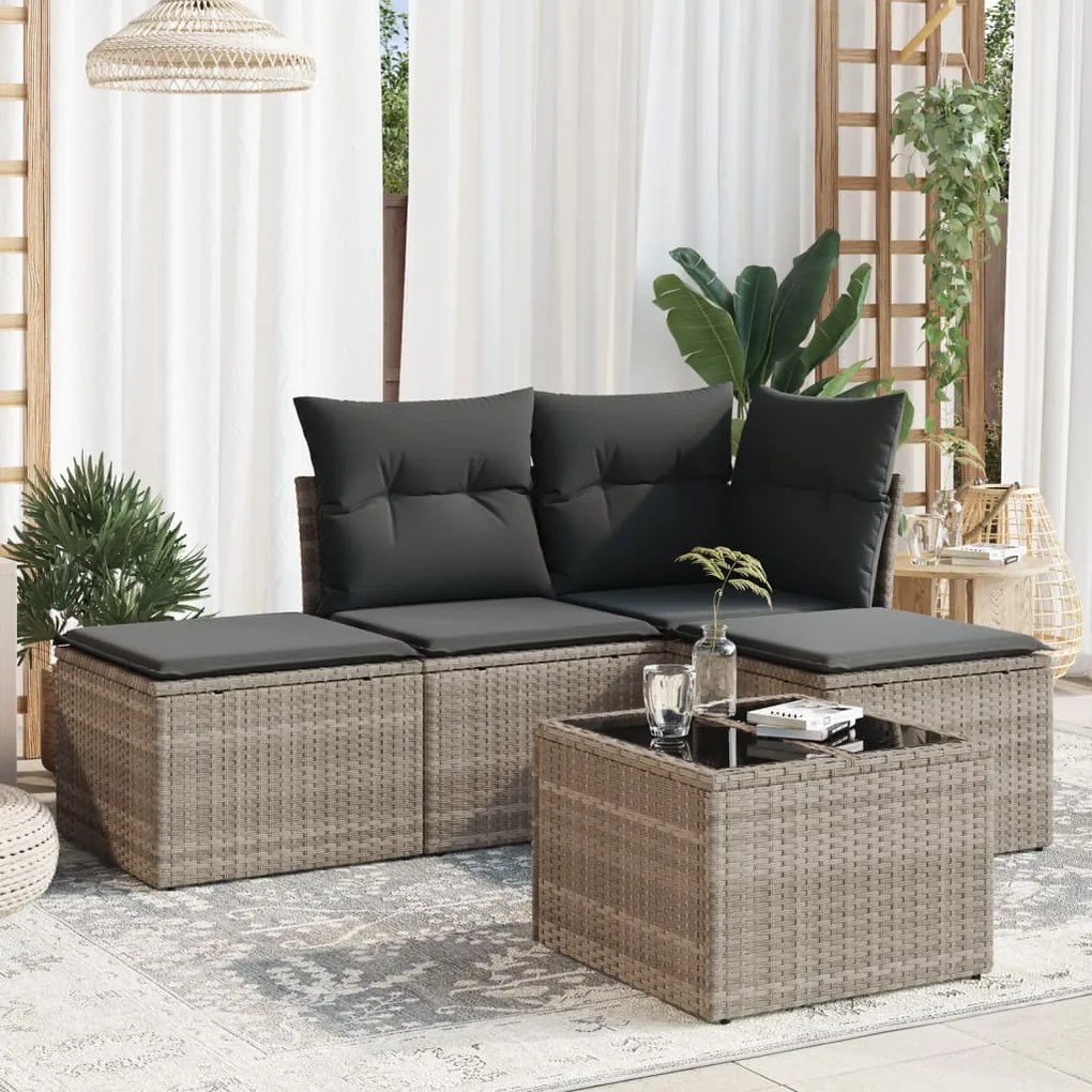 vidaXL 5 pcs conj. sofás jardim c/ almofadões vime PE cinzento-claro