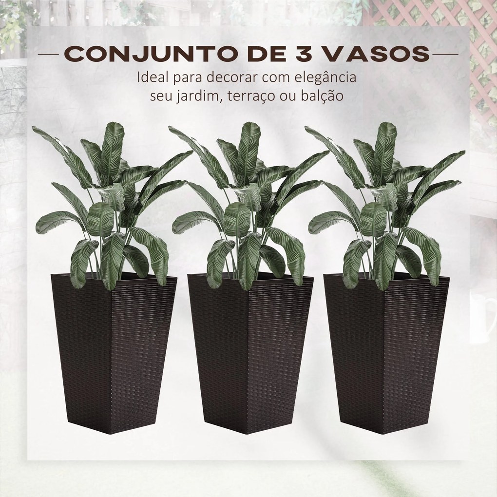 Outsunny Conjunto de 3 Vasos Quadrados para Plantas Flores 3 Vasos com