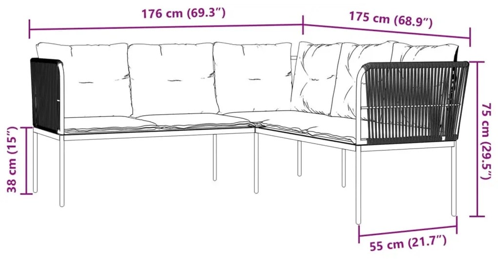 Sofá de jardim c/ almofadões formato de L aço/textilene preto