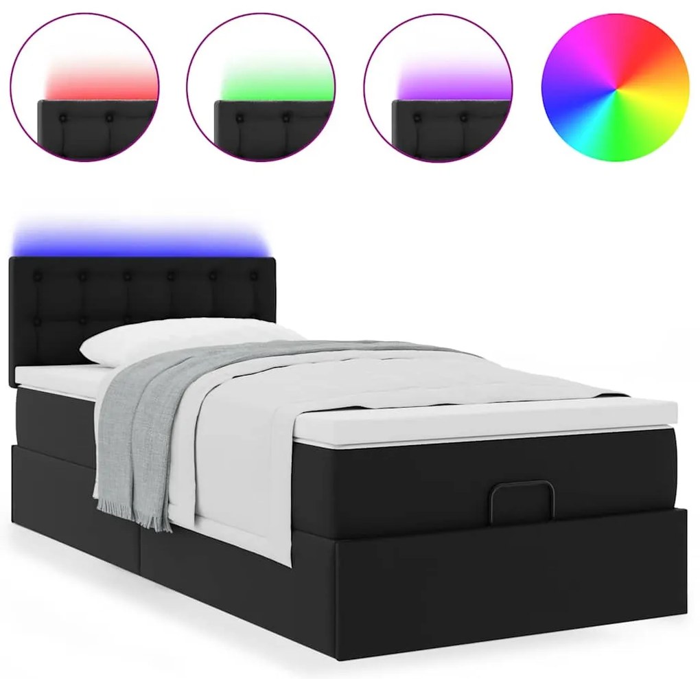 Estrutura de cama otomana com colchão preto couro falso