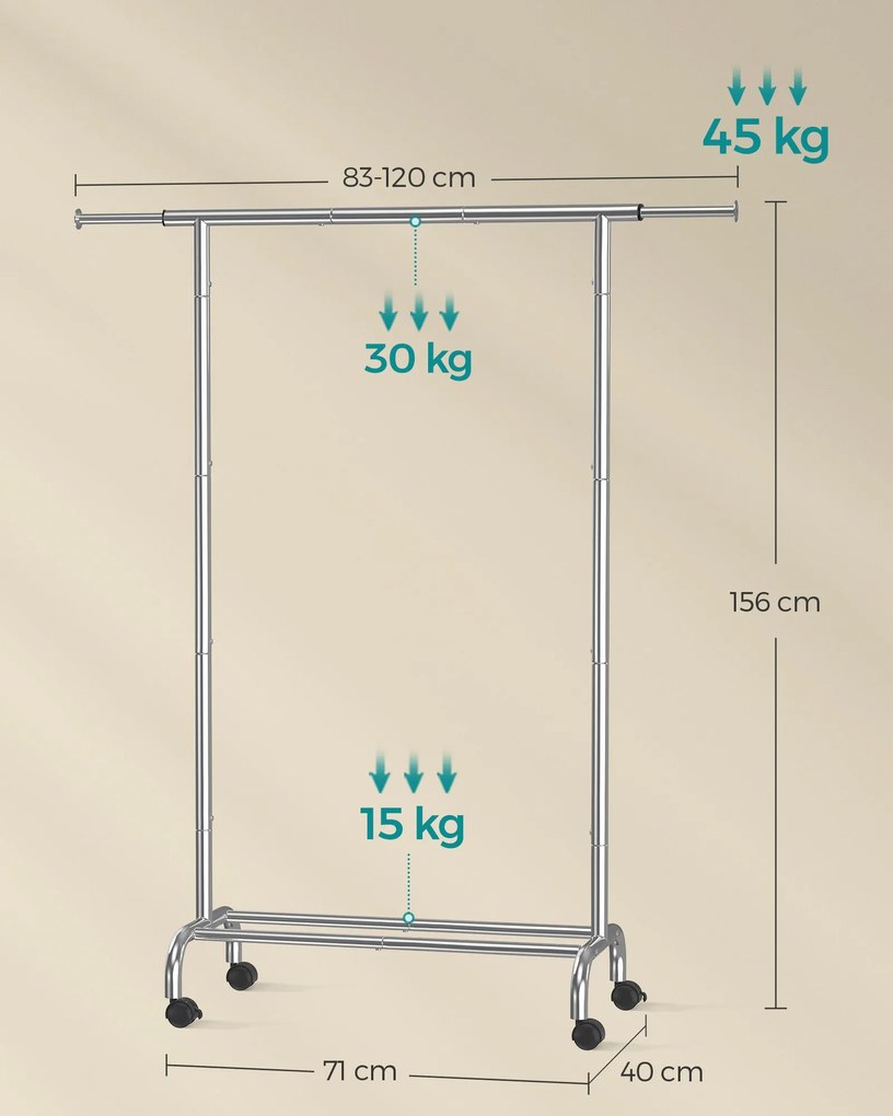 Guarda roupa com Rodas 40 x (83-120) x 156 cm, carregável até 45 kg, Cinzento