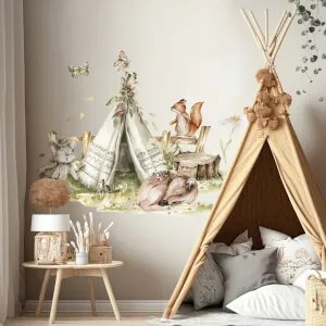Autocolante de parede Woodland - Tenda Teepee e animais da floresta