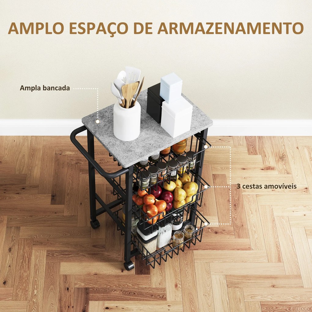 Carrinho de Cozinha com 3 Cestos Deslizantes Taimi – 49,5x31x69 cm – E