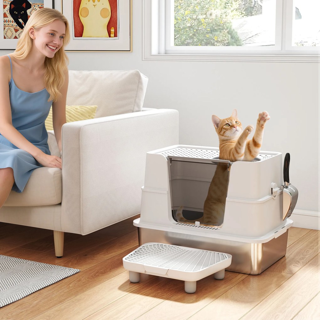 Caixa de areia XL em aço inoxidável para gatos de grande porte, tampa giratória a 100°, pá, 60,2 x 40,2 x 44,5 cm, cinzento claro