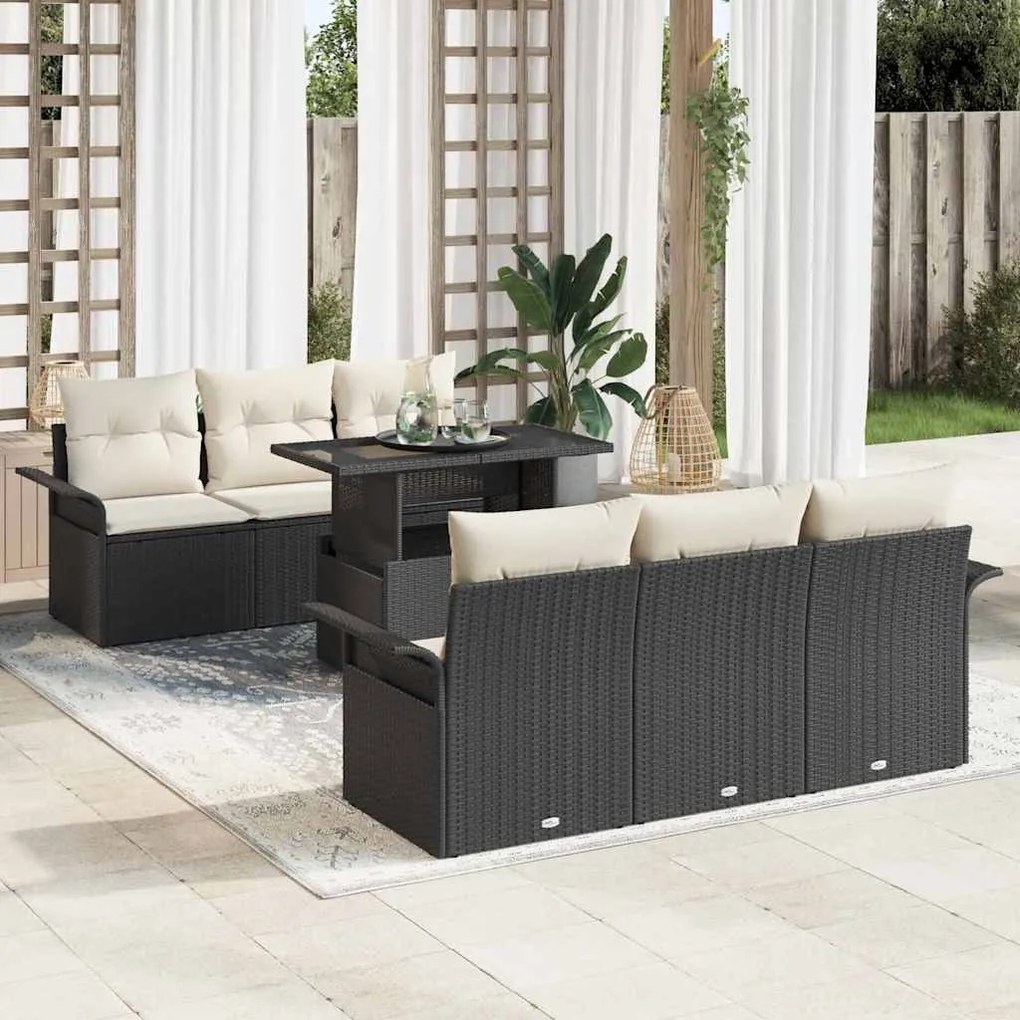 vidaXL Conjunto de Sofá de Jardim com almofada 7 pcs Preto vime PE