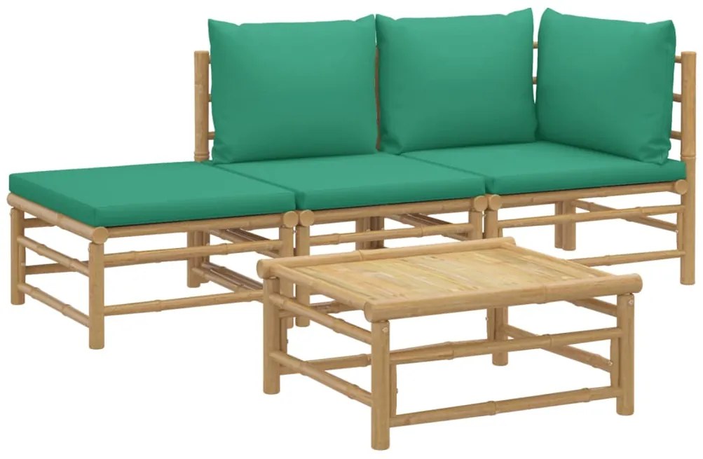 4 pcs conjunto lounge de jardim bambu c/ almofadões verdes