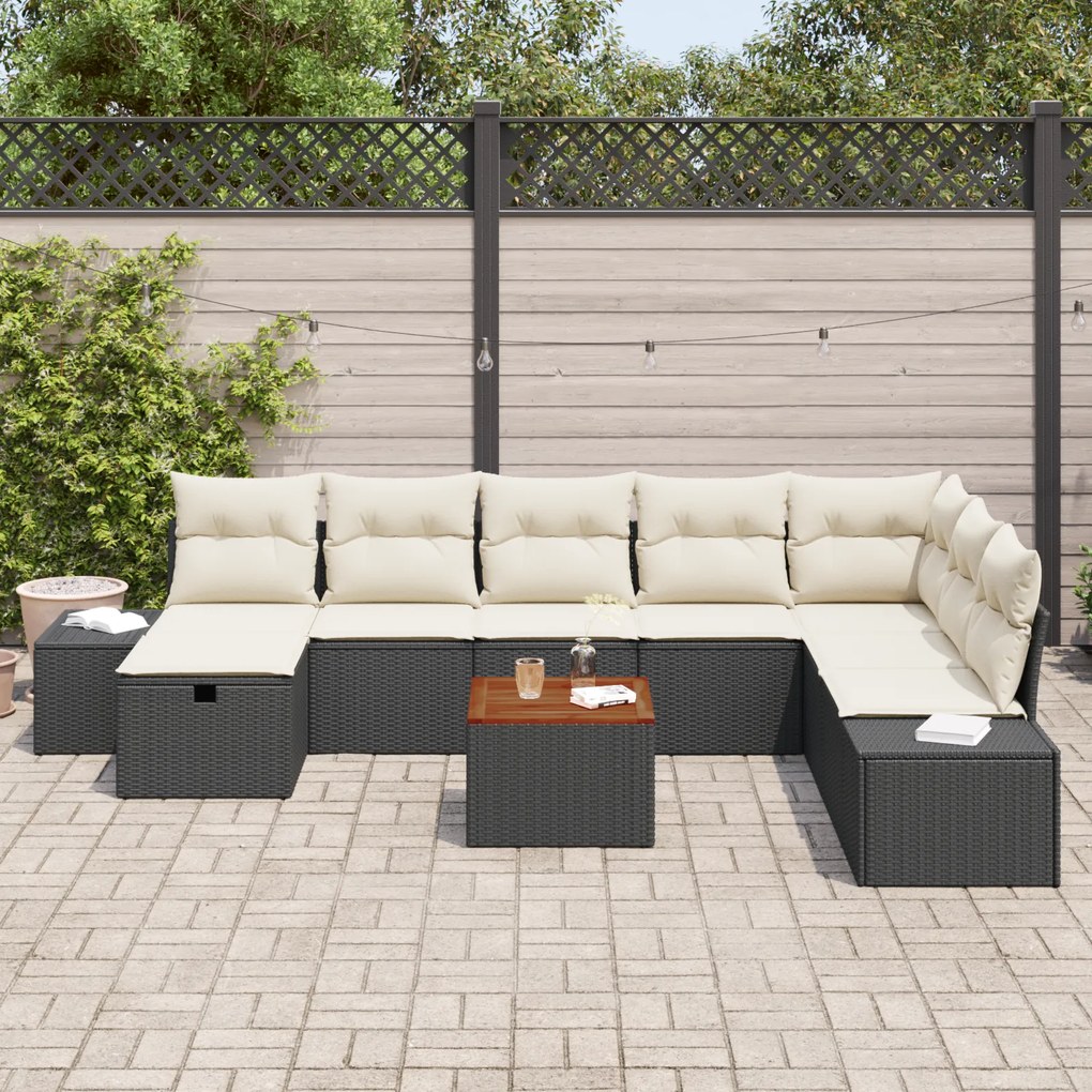 Conjunto de Sofá de Jardim com 9 Peças e Almofadas Preto em Rattan