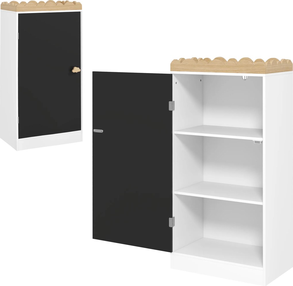 Móvel de arrumação infantil 48 L x 30 P x 100 A cm, arrumação para brinquedos com porta em quadro negro, 3 compartimentos e prateleira superior, branc