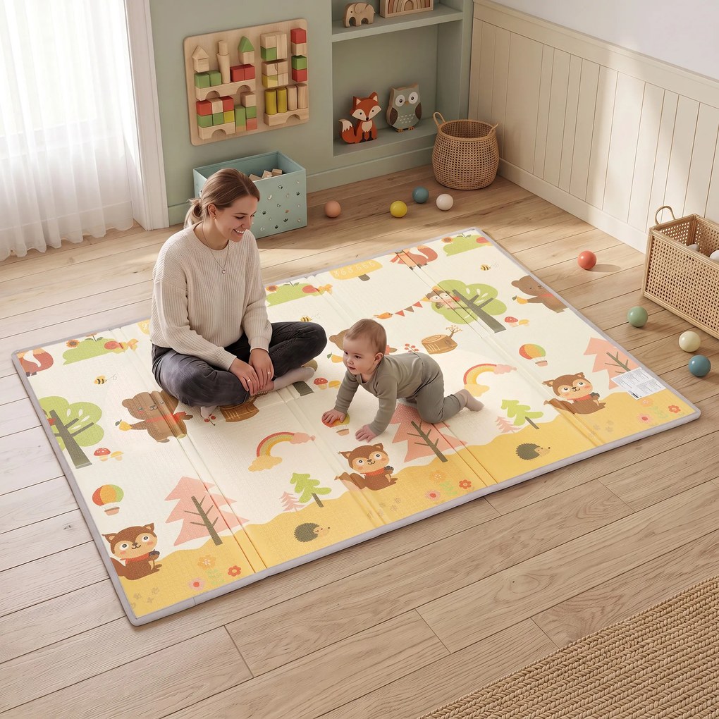 Tapete Infantil Dobrável e Reversível 200x150 cm Antiderrapante e Impermeável, Design Árvore e Floresta