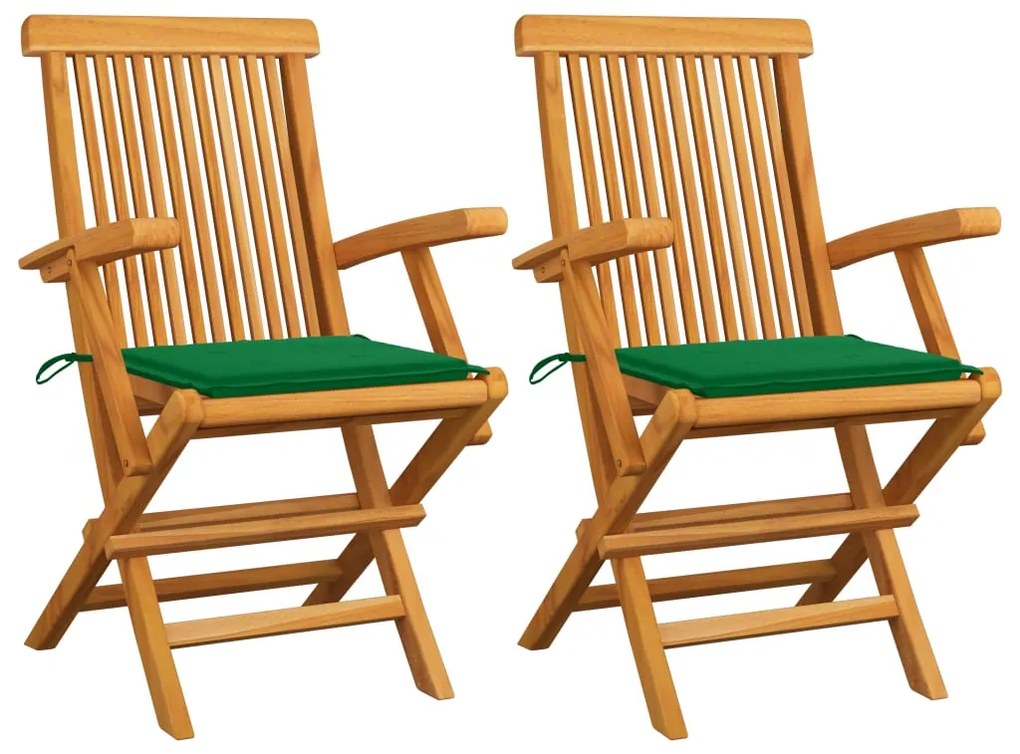 3062492 vidaXL Cadeiras de jardim c/ almofadões verdes 2 pcs teca maciça