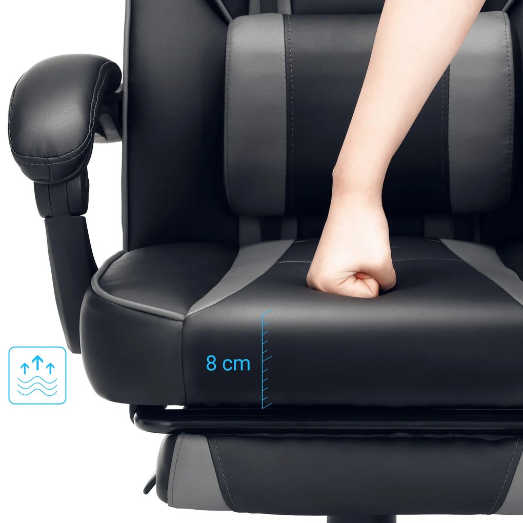 Cadeira Gaming com encosto reclinável e almofada para o apoio de cabeça Preto + cinzento