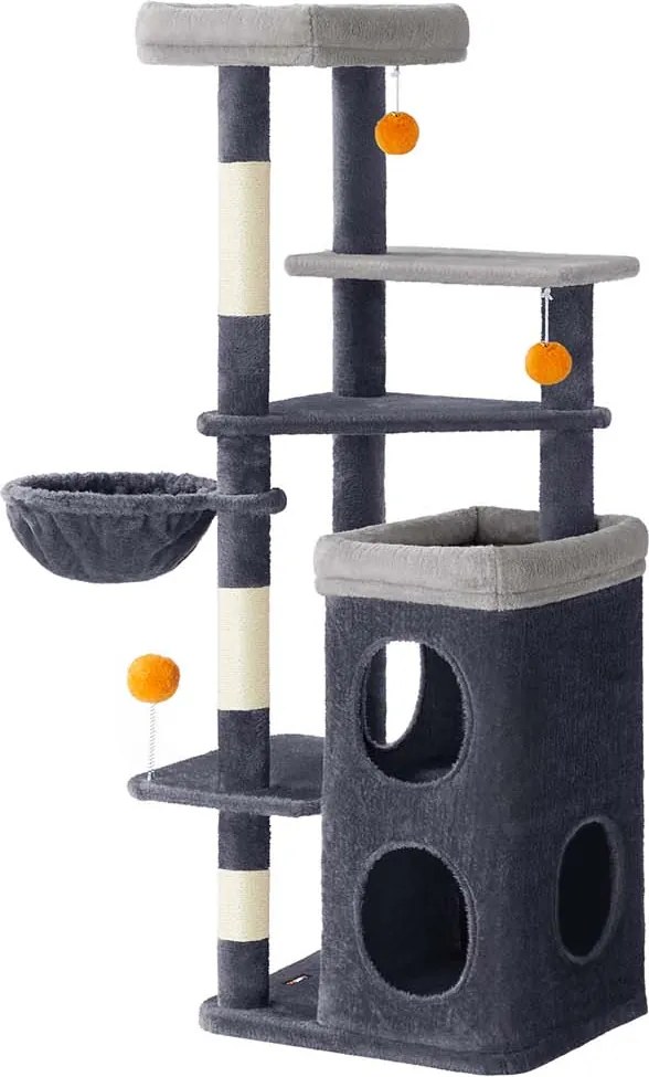 Arranhador com vários andares, com cavernas e plataformas para gatos 53 x 46 x 152 cm Cinzento escuro