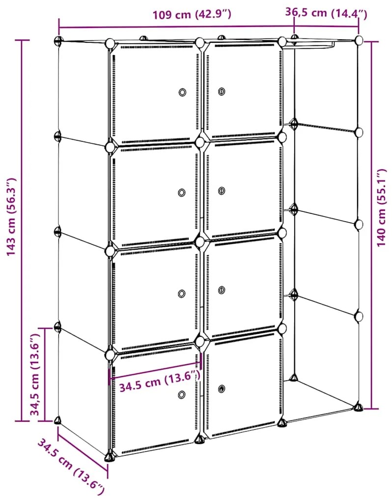 Armário plástico modular 9 gavetas 109x36,5x143 cm preto branco