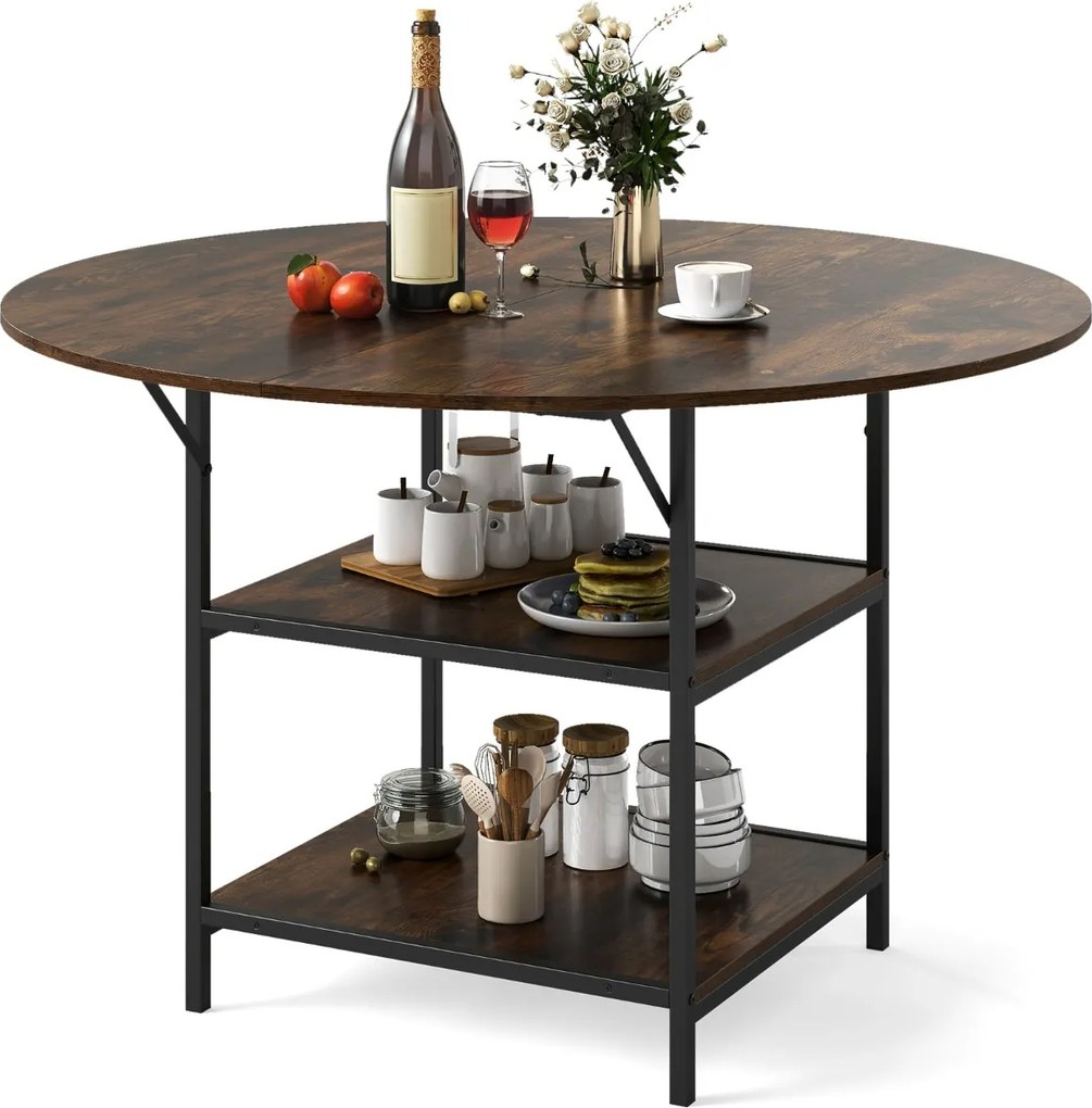 Mesa de Jantar Redonda 120 CM para 4-6 Pessoas de Cozinha Estilo Rústico com Estante Aberta de 2 Níveis Estrutura Metálica Castanha