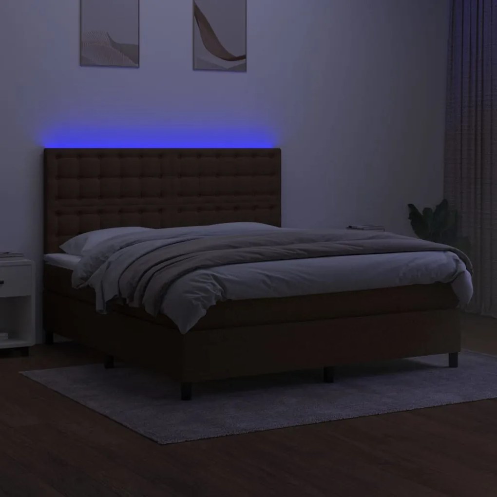 Cama box spring c/ colchão/LED 160x200cm tecido castanho-escuro