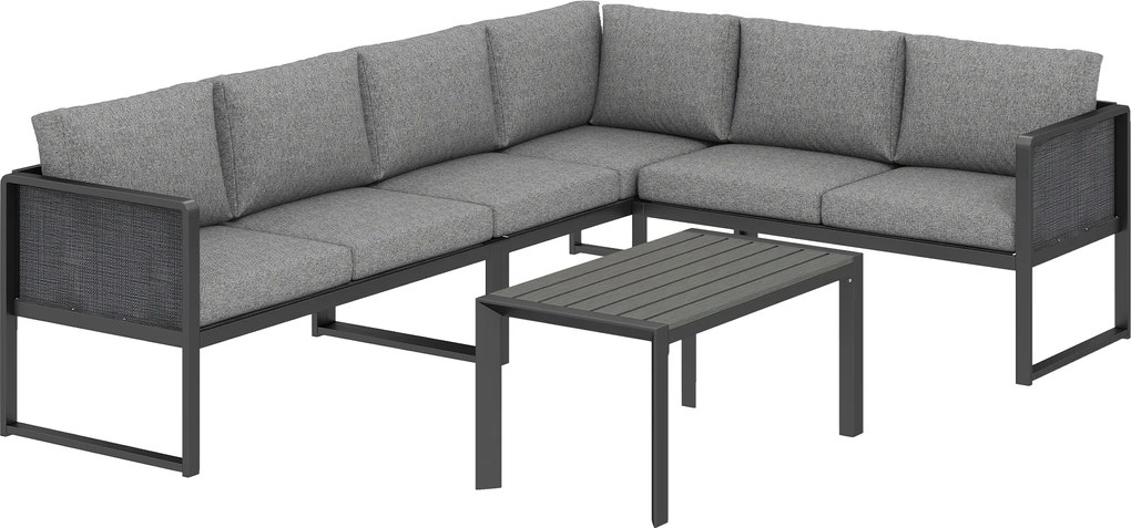 Outsunny Conjunto de Sofá de Canto para Jardim em Metal, 3 Poltronas, Mesa com Efeito Madeira, Cinza Escuro | Aosom Portugal
