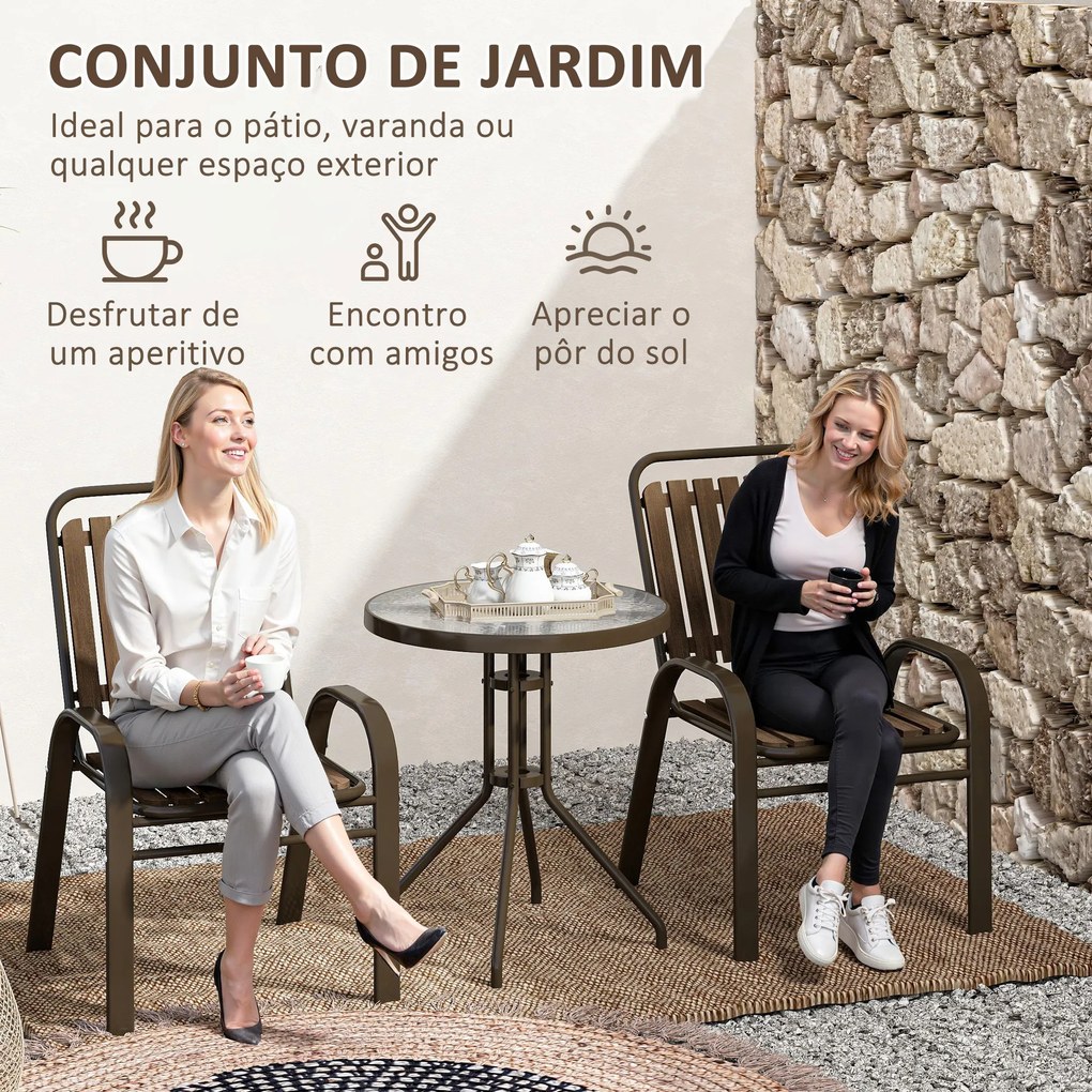 Conjunto de Jardim de 3 Peças com 2 Cadeiras Empilháveis Mesa com Bancada de Vidro Temperado Castanho Escuro