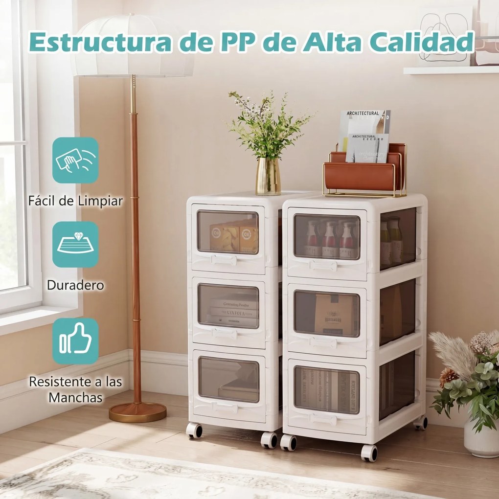 Carrinho de Arrumação com 3 Gavetas, 42 x 28 x 70,5 cm, Gavetas Transparentes, Branco