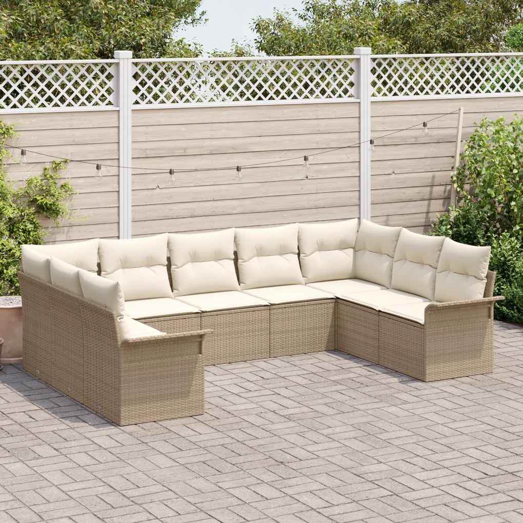 Conjunto de Sofá de Jardim 9 Peças com Almofadas Bege Vime Sintético