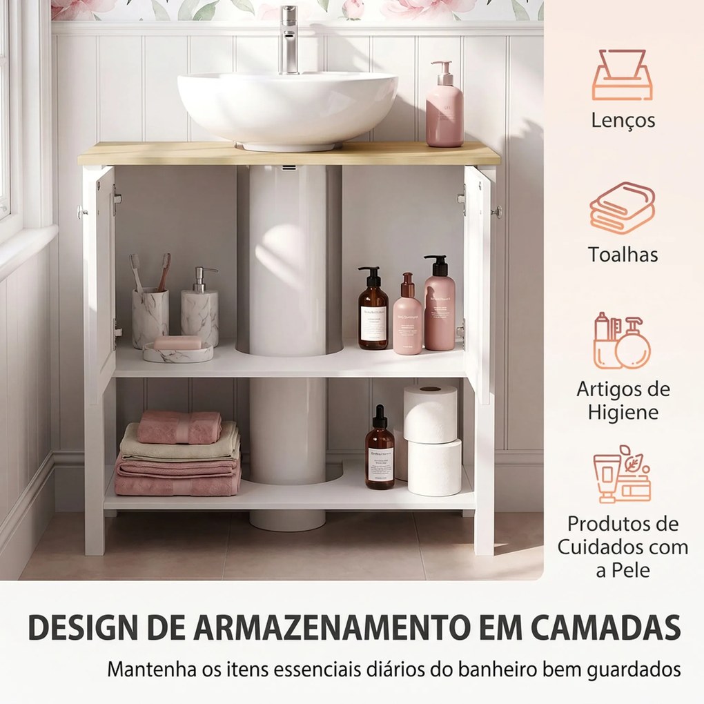 Móvel Inferior para Lavatório com Prateleira Aberta e 2 Portas, para Lavatório (NÃO INCLUIDO) com ou sem Coluna, 80 x 40 x 80 cm, Branco
