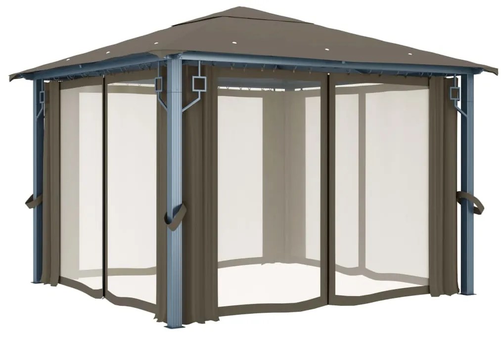 Gazebo c/ cortinas e cordões luzes LED 3x3 m alumínio cinza-ac.