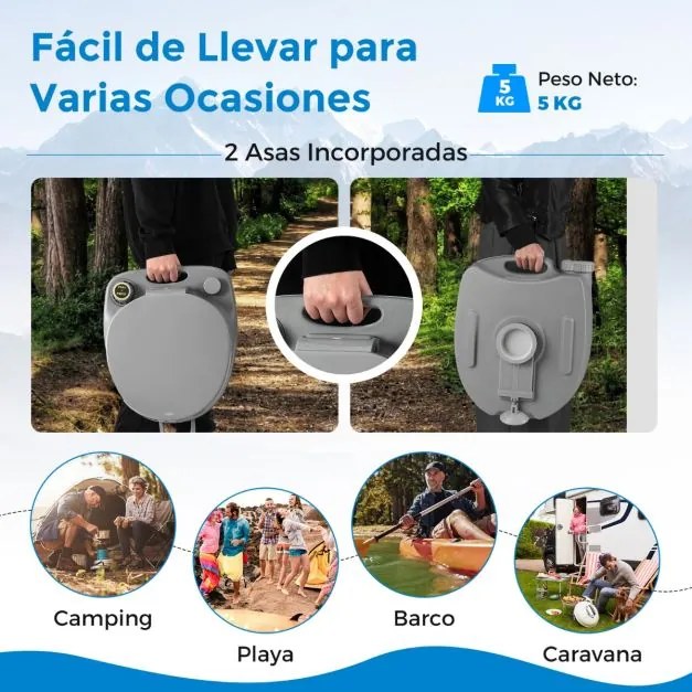 Sanita portátil compacta com tanque de resíduos removível de 20 L Assento à prova de fugas Bomba de descarga para acampar Cinza