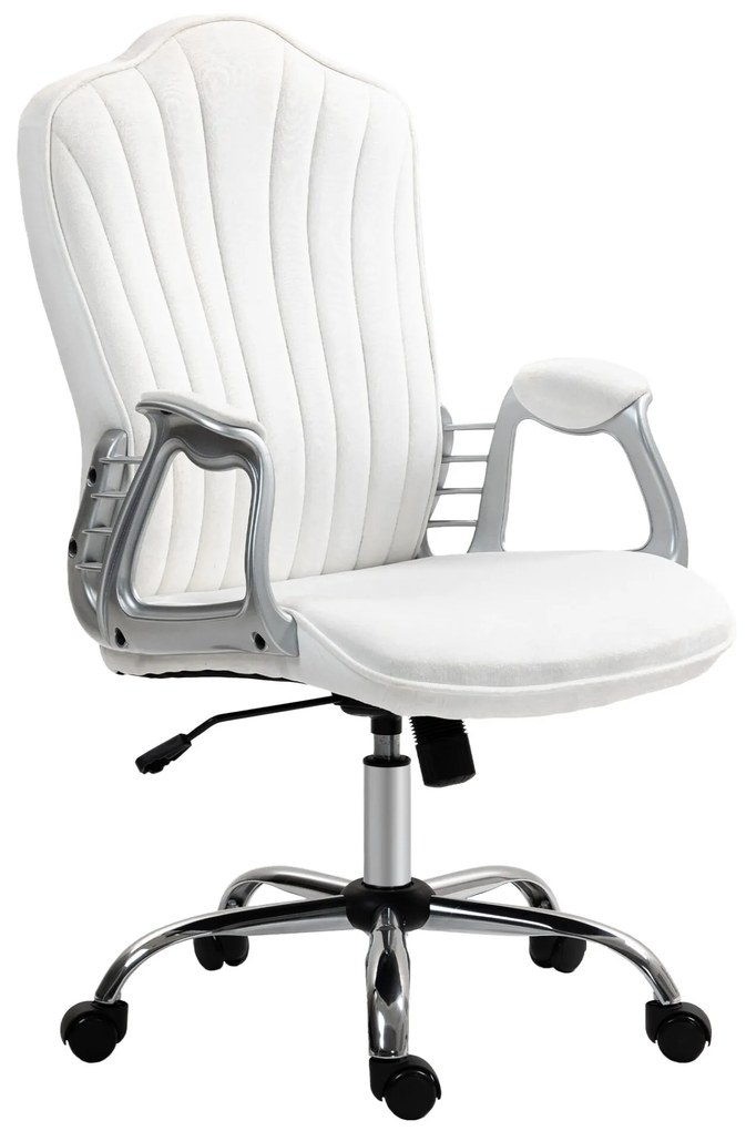 HOMCOM Cadeira de Escritório com Encosto Alto Cadeira para Secretária com Altura Ajustável Apoios de Braços Função Inclinável e Rodas em PU 61x62x106-116 cm Branco