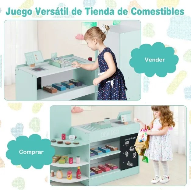 Supermercado infantil de Brincar de madeira 89 cm x 57 cm x 88 cm com caixa registradora Máquina POS Vending para crianças de 3 a 8 anos Verde