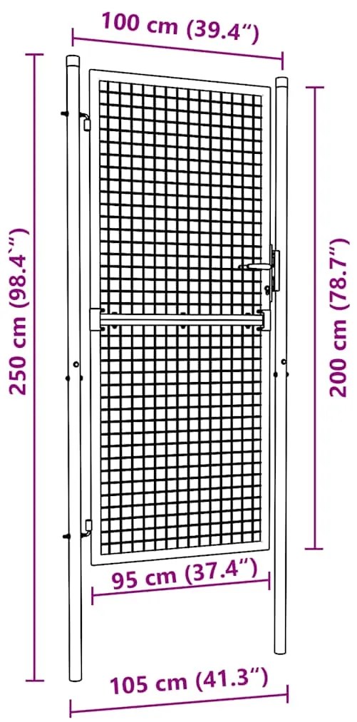 Portão de jardim em rede aço galvanizado 100x250 cm cinzento