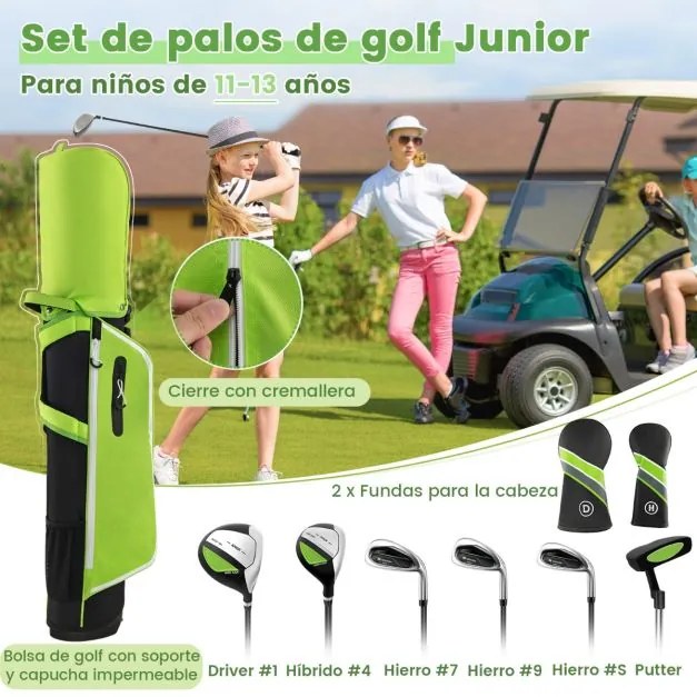 Conjunto de tacos de golfe para crianças dos 11 aos 13 anos, incluindo saco de apoio com capuz para chuva Driver n.º 1 Híbrido n.º 5 Ferros e Putter n