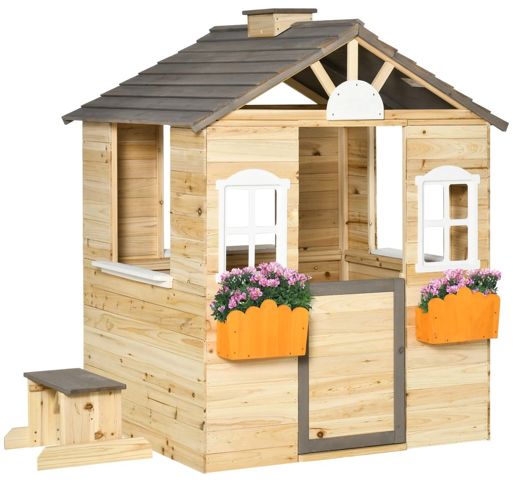 Outsunny Casa de Jardim de Madeira para Crianças de 3-7 Anos com Janelas 2 Floreiras e 1 Banco 113x94x134,5 cm Madeira