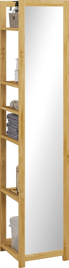 Armário de coluna para casa de banho com 6 prateleiras em bambu com espelho, 6 prateleiras, natural, 35 x 35 x 168 cm
