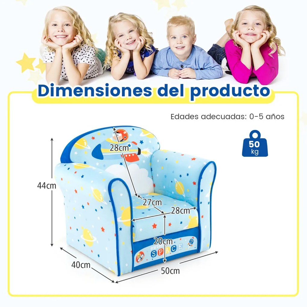 Poltrona infantil estofada, sofá infantil com moldura de madeira, superfície de veludo, enchimento de espuma para quarto 50 x 40 x 54 cm azul