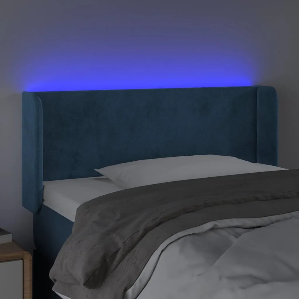 Cabeceira cama c/ luzes LED veludo 103x16x78/88 cm azul-escuro