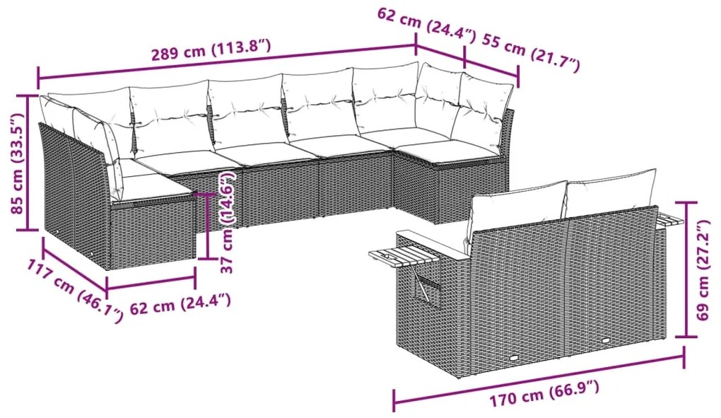 9 pcs conjunto sofás p/ jardim com almofadões vime PE cinzento