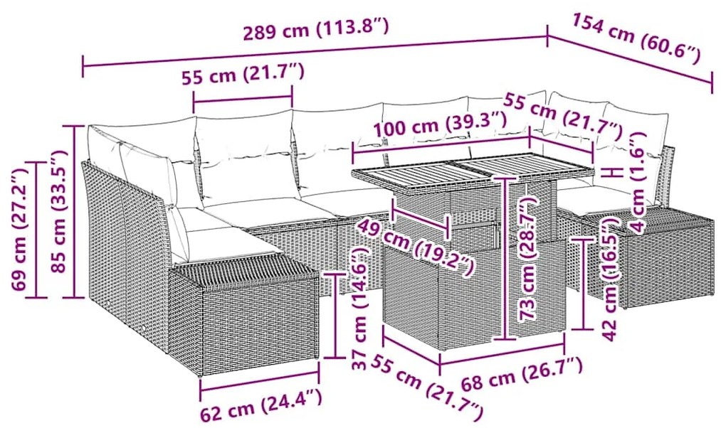 Conjunto de Jantar para Jardim com 8 Peças e Almofadas Beiges em Ratta