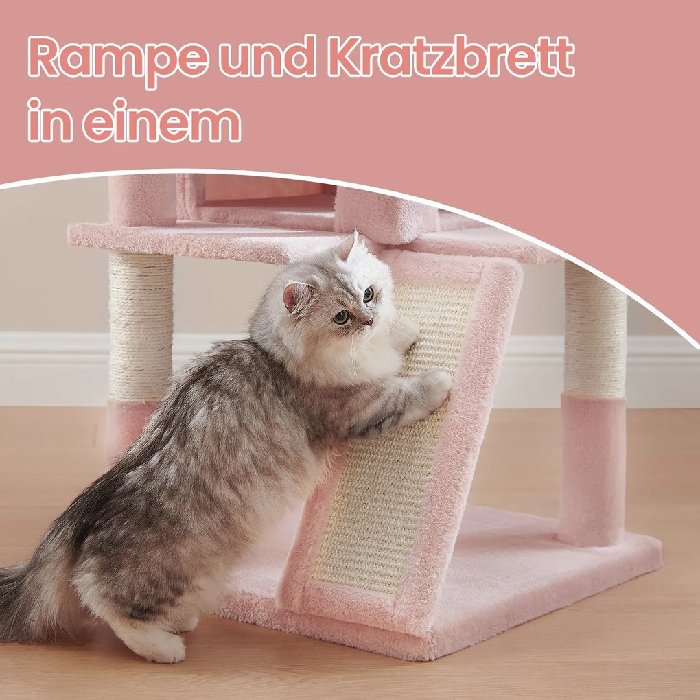 Arranhador para gatos com grande plataforma com caverna e cesto suspenso 48,1 x 48,1 x 96,1 cm rosa pastel
