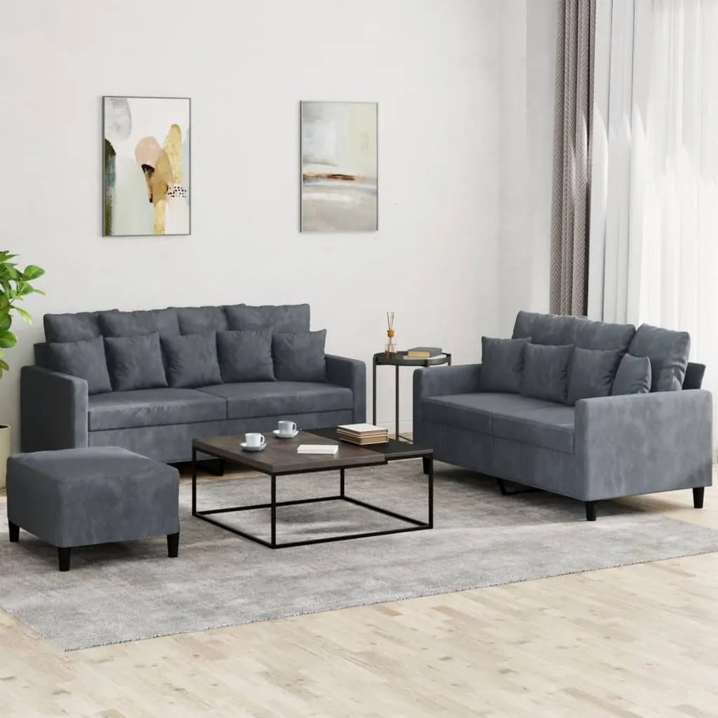 3 pcs conjunto de sofás com almofadões veludo cinzento-escuro