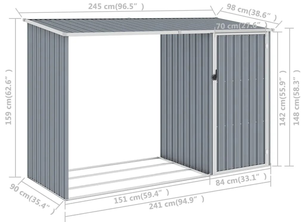 Abrigo de lenha jardim 245x98x159 cm aço galvanizado cinzento