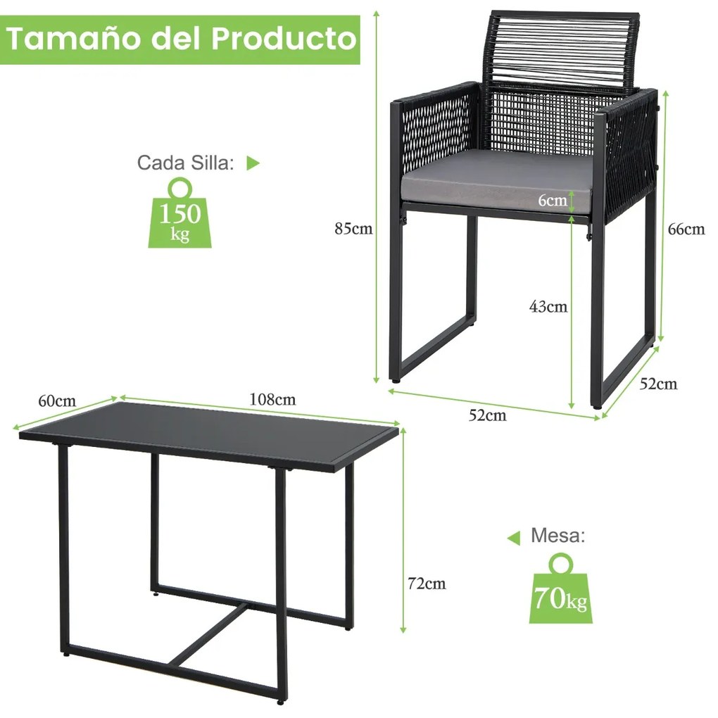 Conjunto de mobiliário de jardim em rattan PE com encosto rebatível e almofadas confortáveis Preto