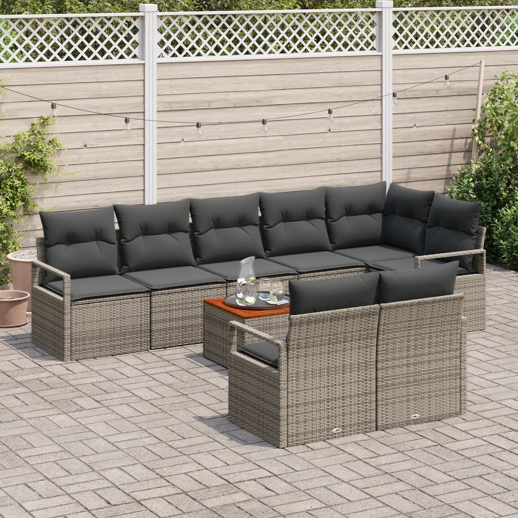 Conjunto de Sofás de Jardim 9 Peças com Almofadas Cinza em Rattan Poli