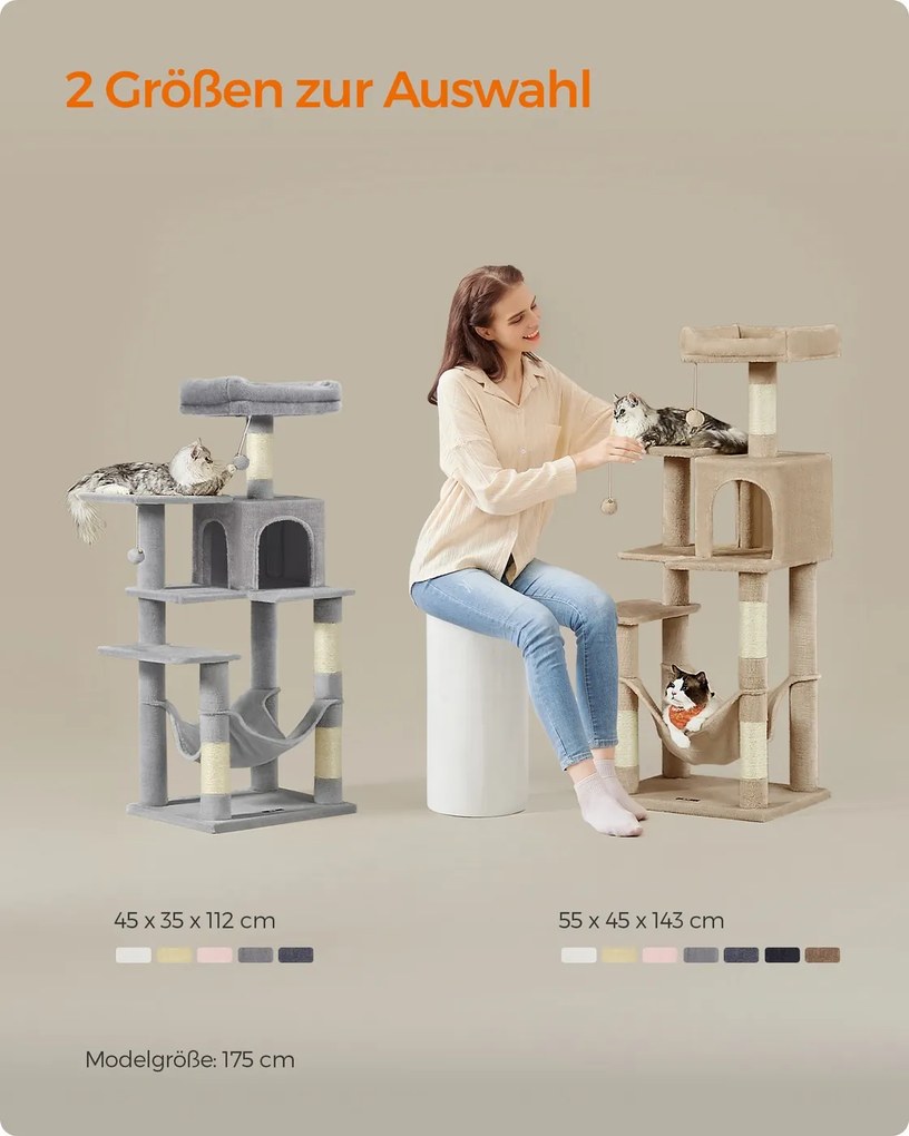 Arranhador Gatos para arranhar 55 x 45 x 137,7 cm e 4 colunas para arranhar, cor castanho-camelo