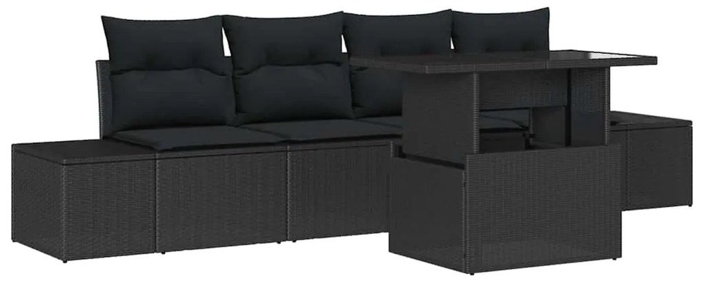 Conjunto de Sofá de Jardim de 5 Peças com Almofadas Preto Polirattan