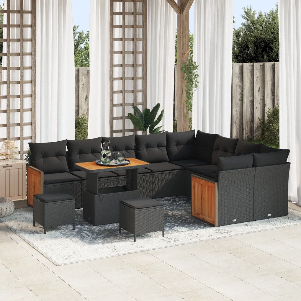 Conjunto de Sofás de Jardim de 12 peças com Almofadas Preto Vime Acácia