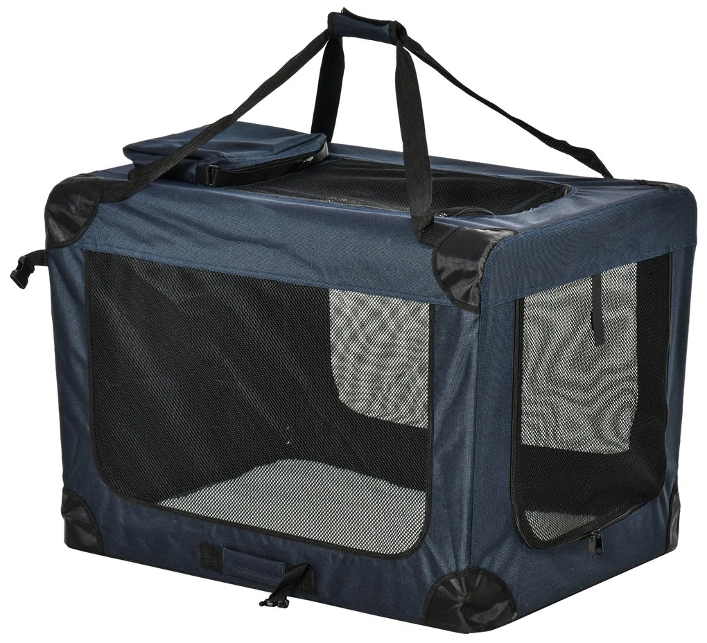 Transportadora para animais deestimação Portátil e Transpirável Dobrável com Almofada 3 Portas e Janela de Malha 2 Bolsos 80,5x57x57cm Azul Escuro