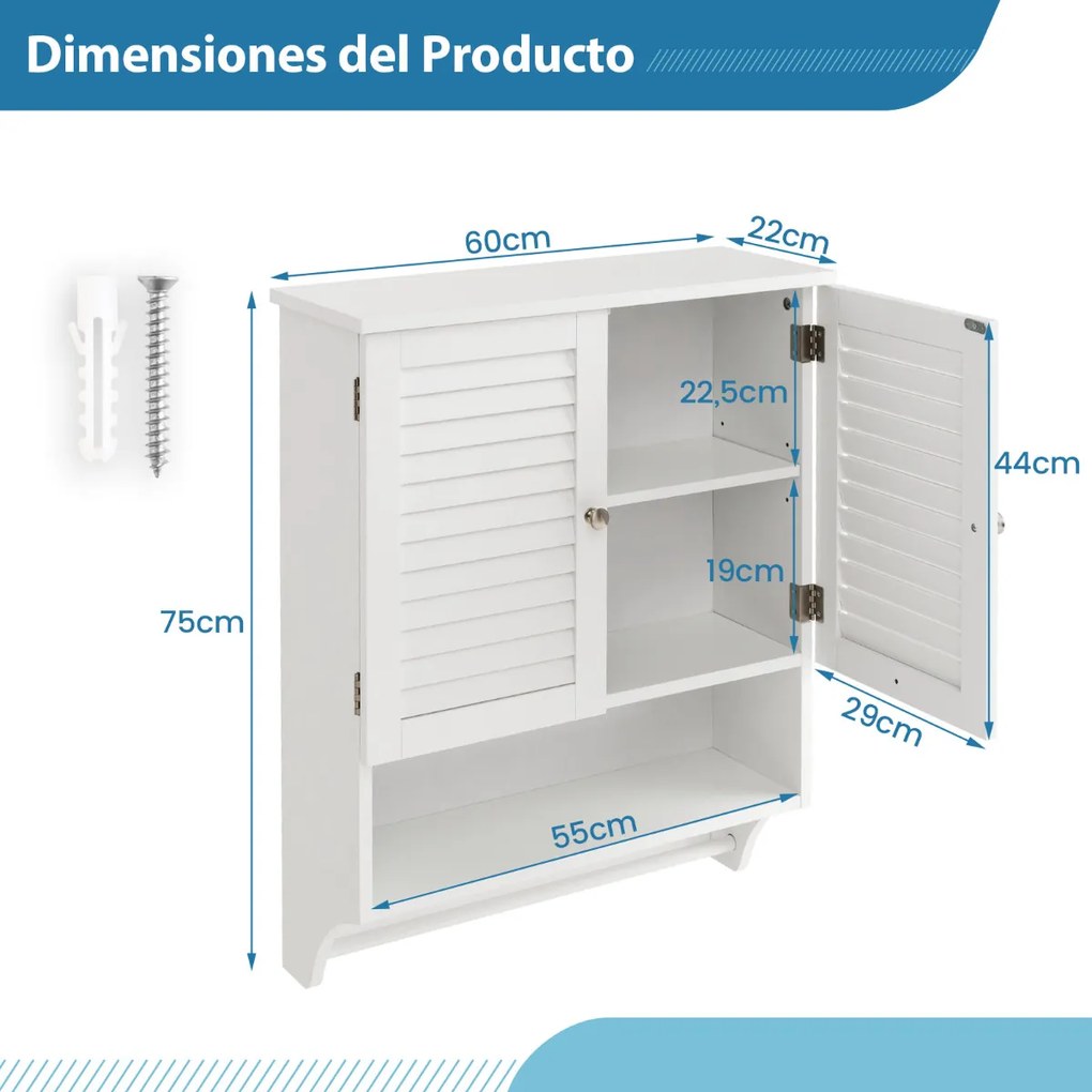 Armário de parede para casa de banho com 2 portas Estante ajustável Toalheiro 60 x 22 x 75 cm Branco