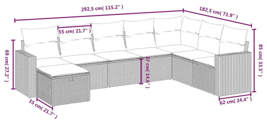 8 pcs conj. sofás jardim c/ almofadões vime PE bege misturado