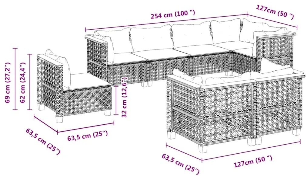 8 pcs conjunto de sofás p/ jardim com almofadões vime PE bege