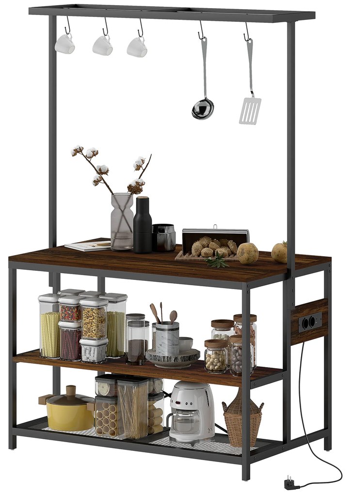 Estante de Cozinha com Tomada de Corrente (BANCOS NÃO INCLUIDOS) Estilo Industrial com Prateleiras Ganchos Móvel Auxiliar 116x70x182 cm Castanho rústi